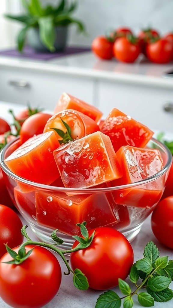 Tomato Ice Cubes for Skin Care Tomato ice cubes in a bowl with fresh tomatoes and herbs.